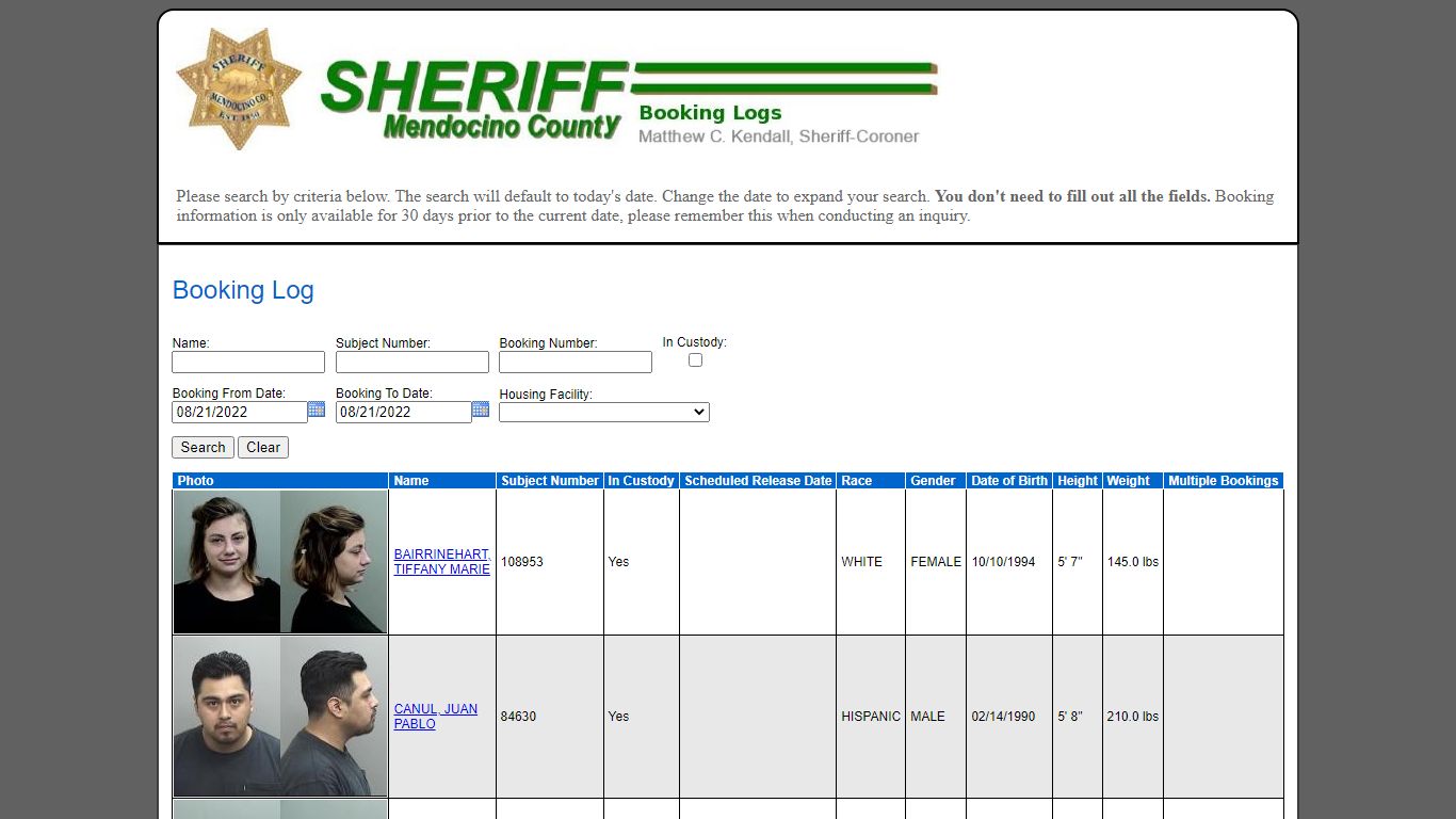 Booking Log - Mendocino County Sheriff's Office